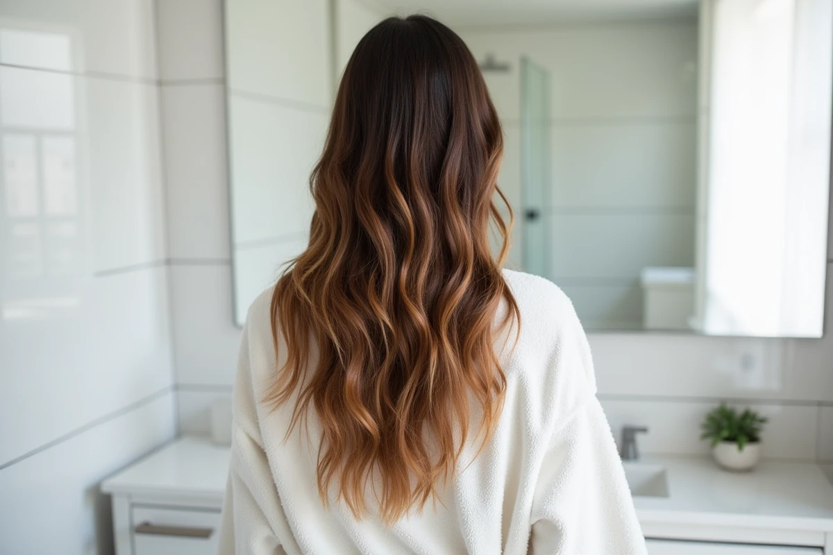 Vue de dos d'une femme avec un balayage caramel et miel sur cheveux châtain foncé dans une salle de bain minimaliste