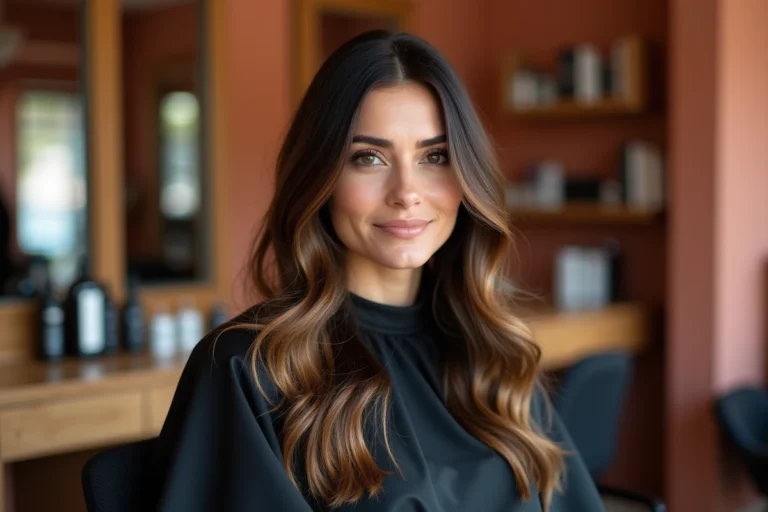 Femme aux cheveux châtain foncé avec un balayage caramel et miel réalisé dans un salon de coiffure parisien élégant