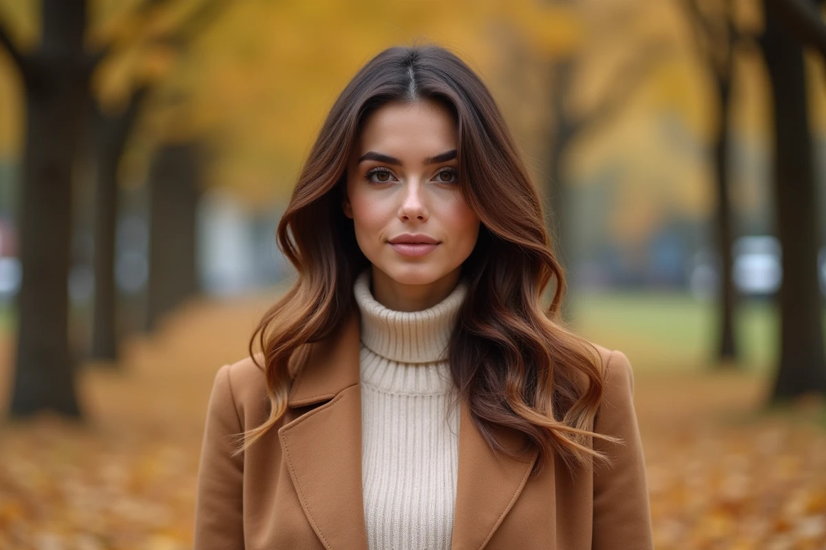 Femme avec balayage caramel et miel sur cheveux châtain foncé en extérieur dans un parc urbain en automne