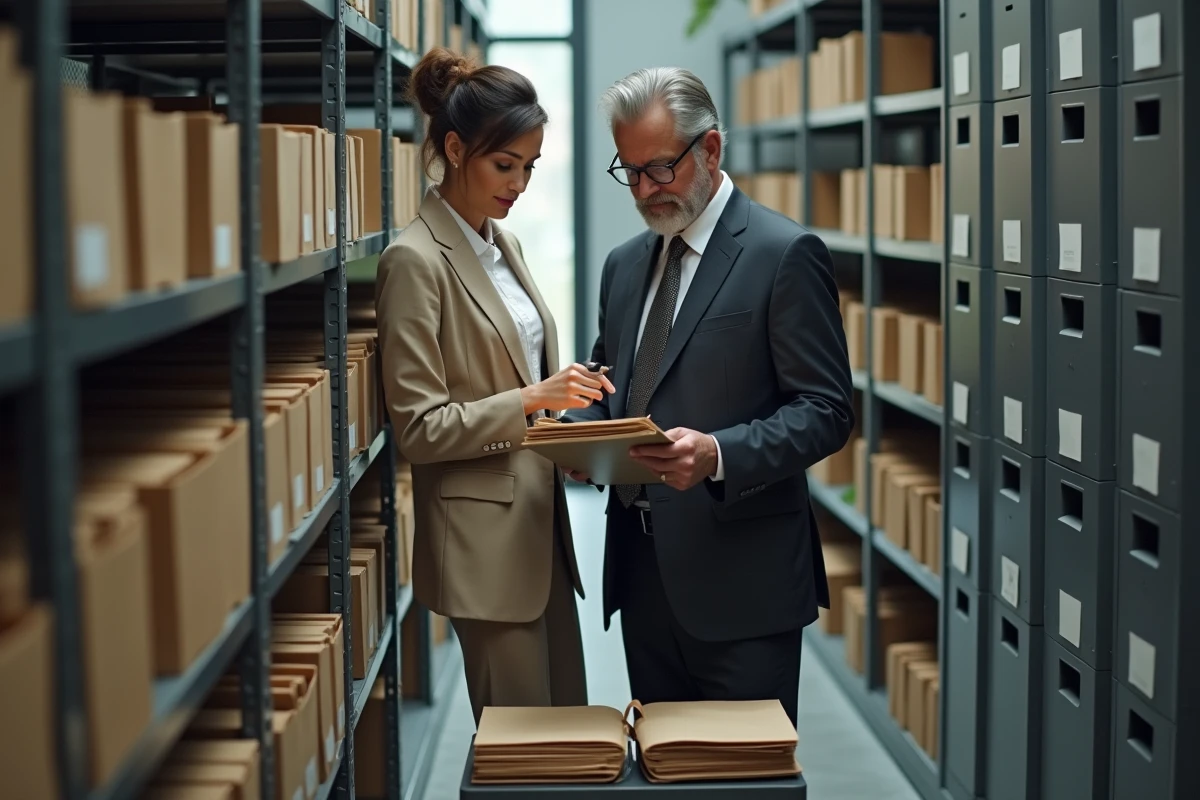 Deux collègues collaborant sur le classement de dossiers administratifs dans une salle d'archives d'entreprise avec armoires métalliques