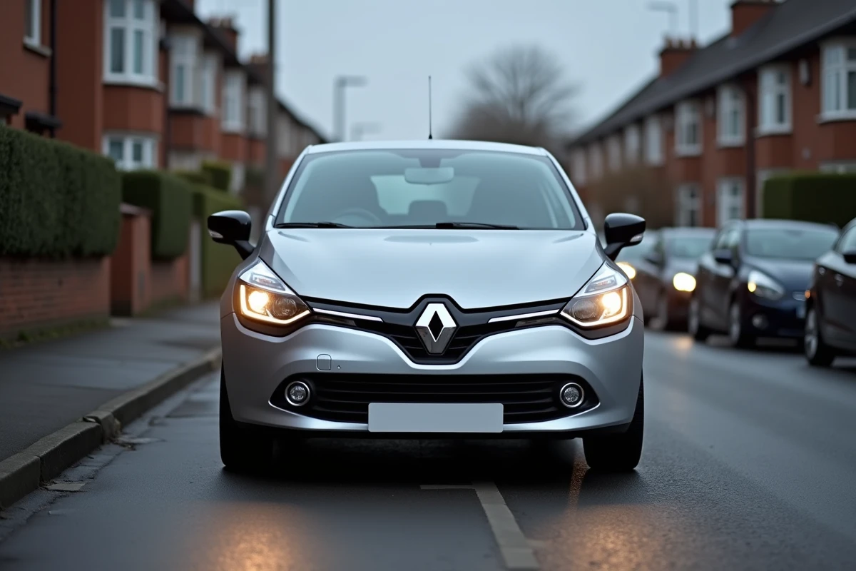 Renault Clio 4 garée en ville avec les feux automatiques allumés lors d'une journée nuageuse