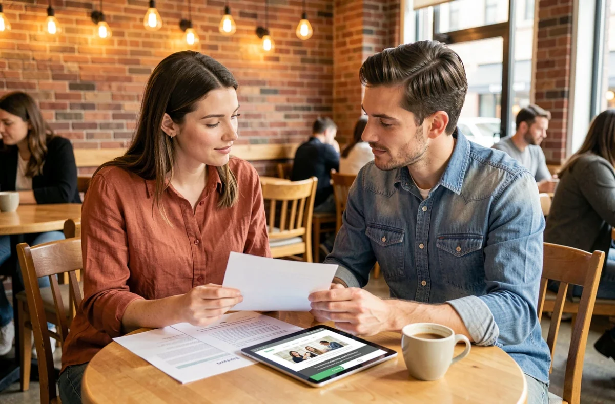 Deux collègues discutant des dernières nouveautés web autour d'une tablette et de documents dans un café urbain