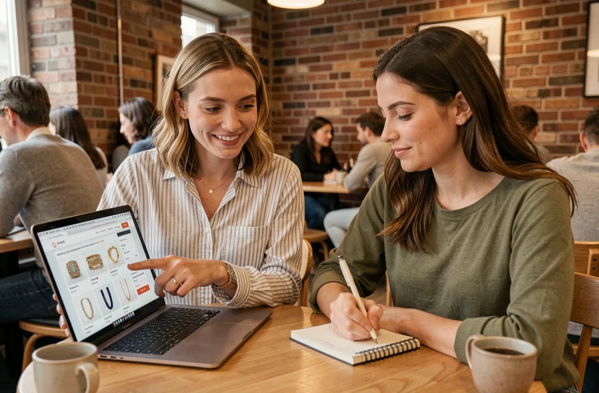 Deux femmes comparant des bijoux sur un site e-commerce dans un café, prenant des notes pour éviter les arnaques en ligne