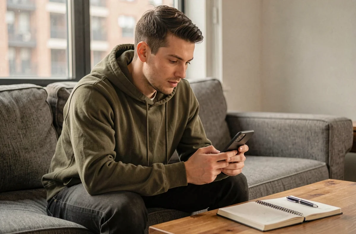 Jeune homme recherchant des conseils juridiques en ligne depuis son appartement sur son smartphone