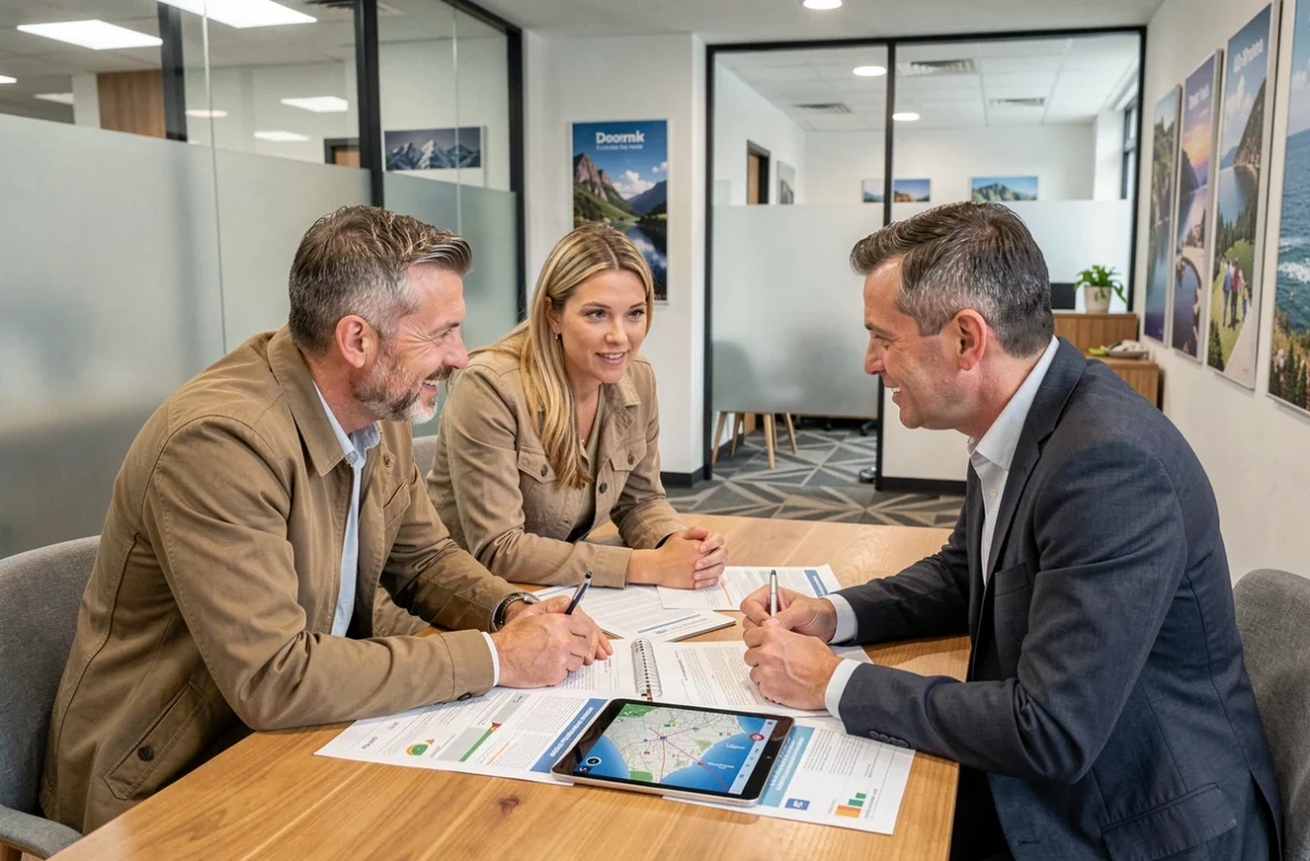 Couple en consultation avec un agent de voyage dans une agence moderne pour planifier leur séjour