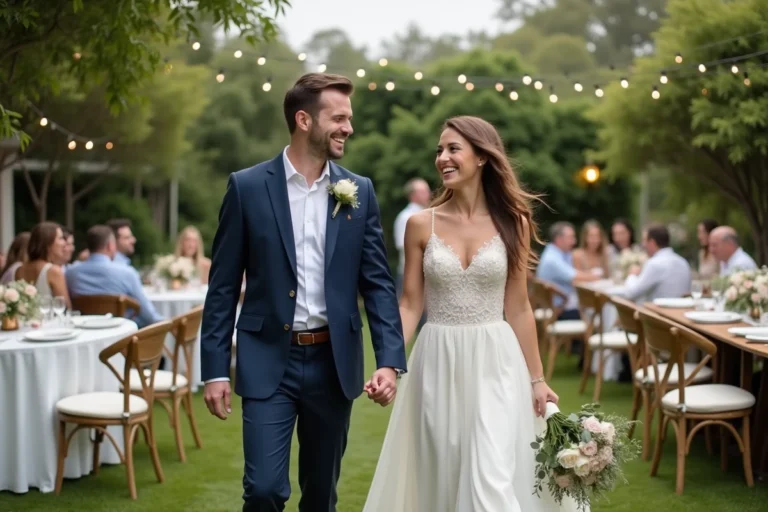 Jeune couple en mariage dans un jardin festif