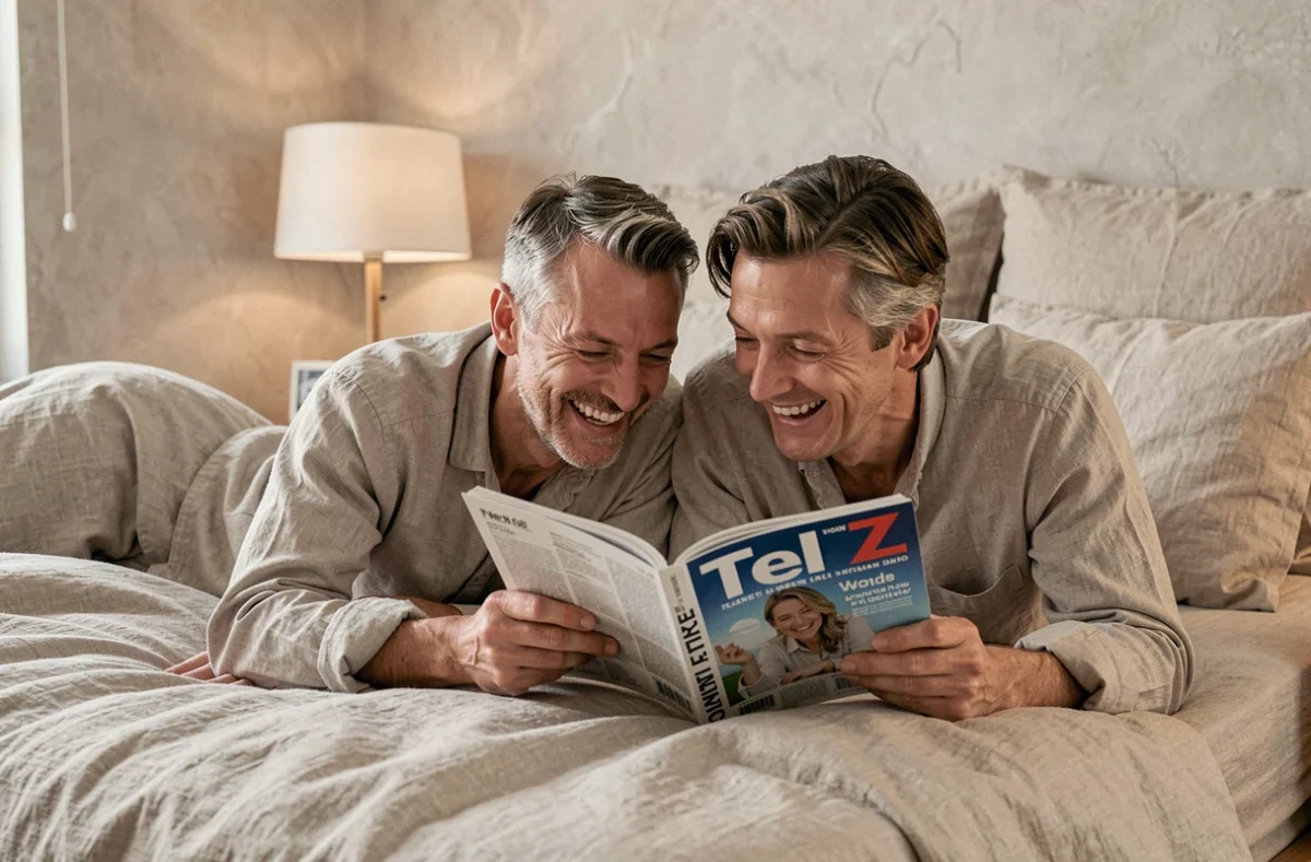 Couple partageant le magazine Tele Z dans leur chambre lors d'une matinée détendue en famille