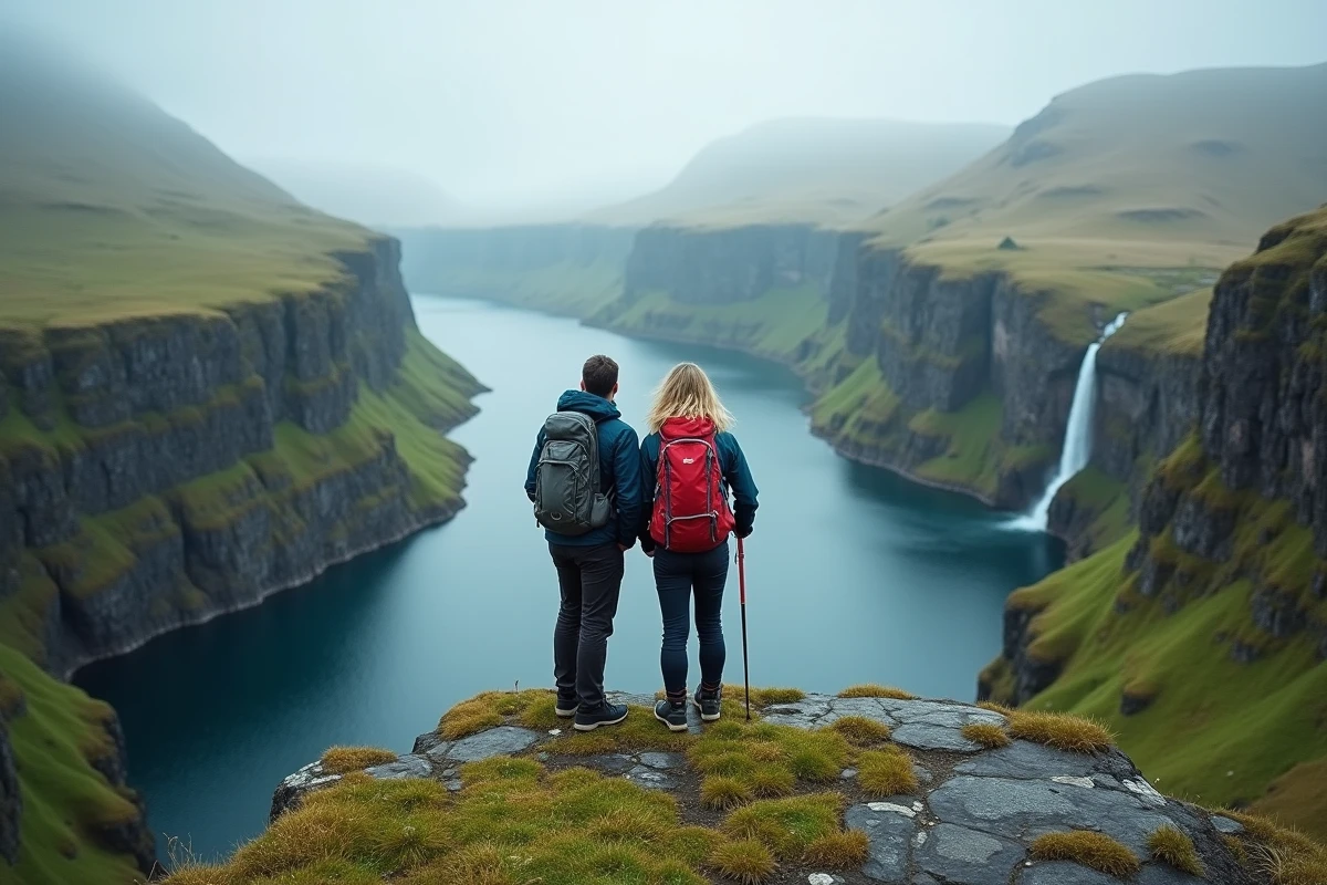 Couple de randonneurs observant un fjord spectaculaire dans les îles Féroé entouré de falaises de basalte et de cascades
