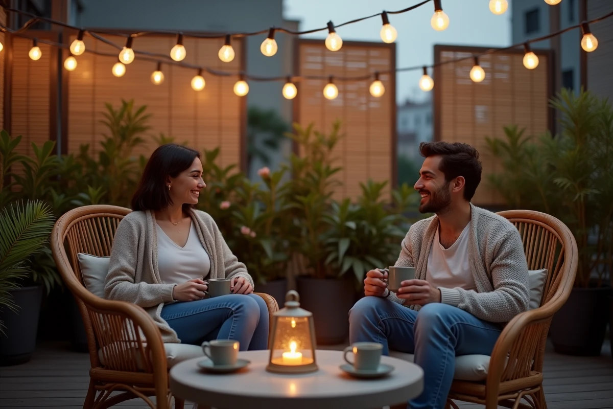 Couple se relaxant sur un rooftop décoré de guirlandes lumineuses, chaises en rotin et plantes vertes au crépuscule