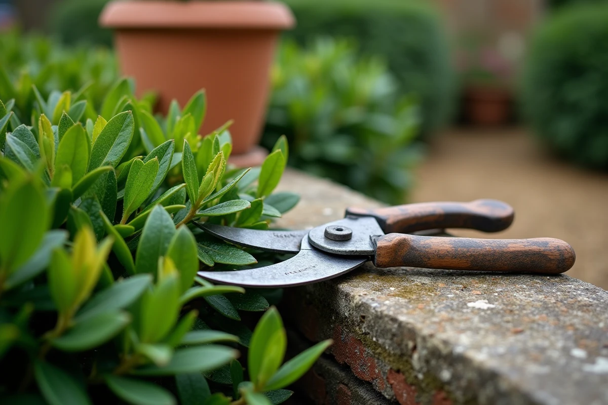 Gros plan sur des cisailles de jardinage posées sur une haie de charme fraîchement taillée avec précision