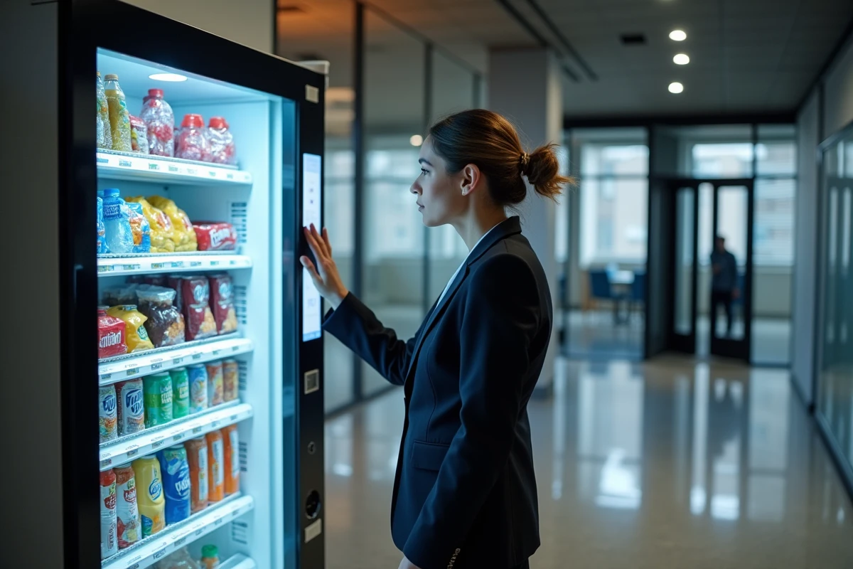 Femme utilisant un distributeur automatique nouvelle génération dans un bureau moderne