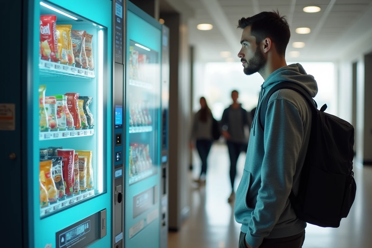 Étudiant devant un distributeur automatique de snacks sains dans un couloir universitaire