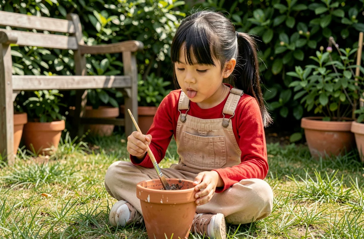 Fillette concentrée peignant un pot en terre cuite dans un jardin verdoyant lors d'une activité créative en plein air