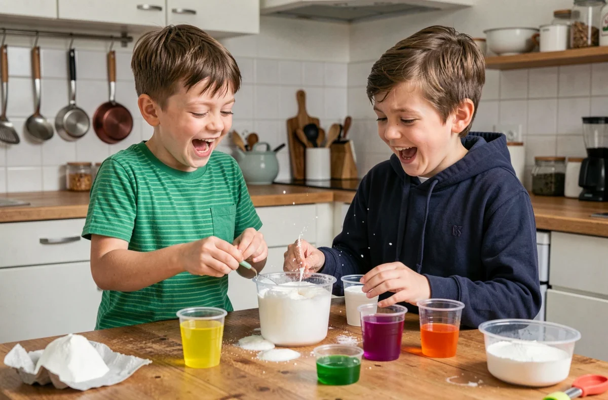 Deux garçons réalisant une expérience scientifique amusante avec du bicarbonate dans une cuisine familiale