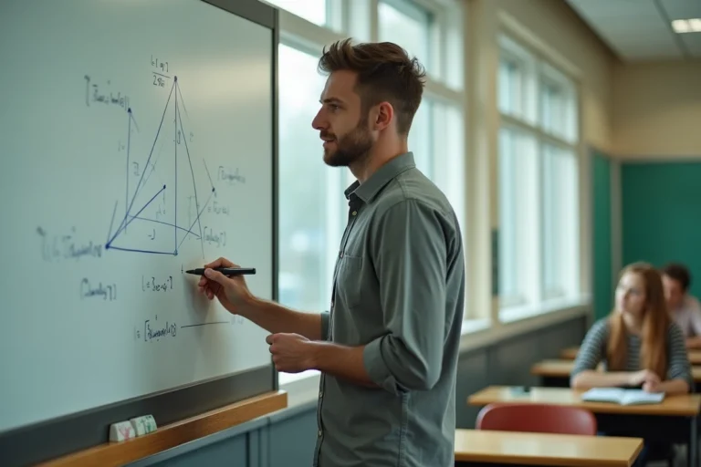 Enseignant de mathématiques dessinant une pyramide à base triangulaire au tableau blanc pour illustrer le calcul du volume