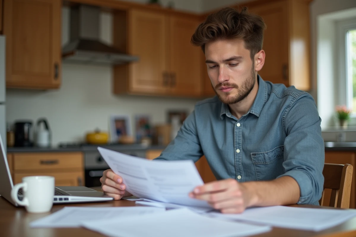 Jeune enseignant travaillant à la maison avec papiers