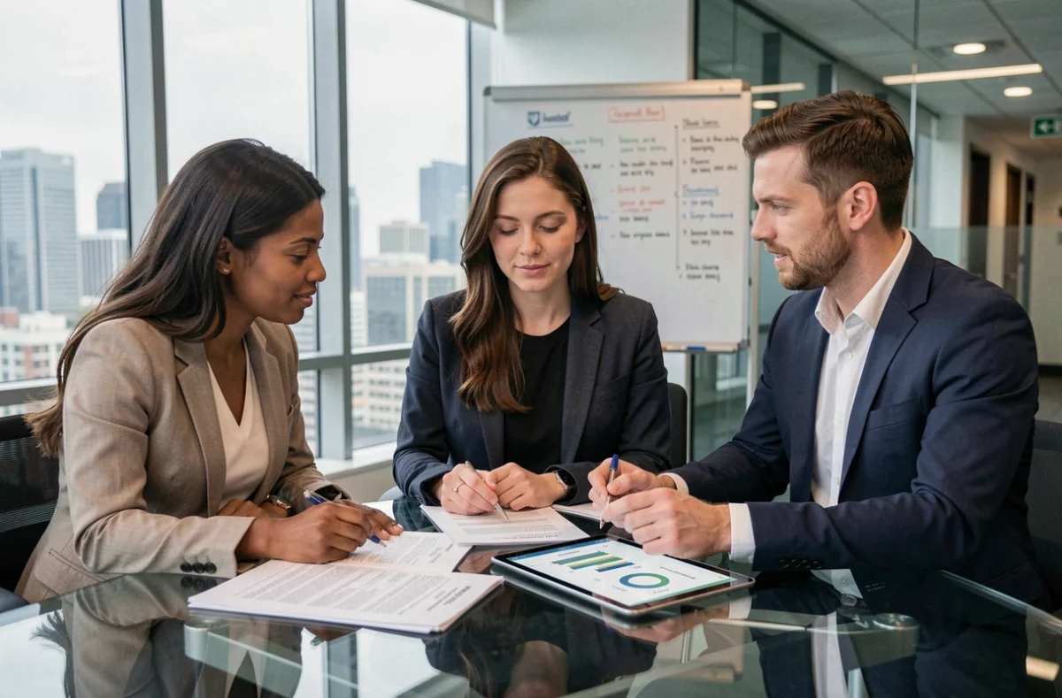 Équipe de professionnels analysant des rapports de notes de frais en réunion d'entreprise