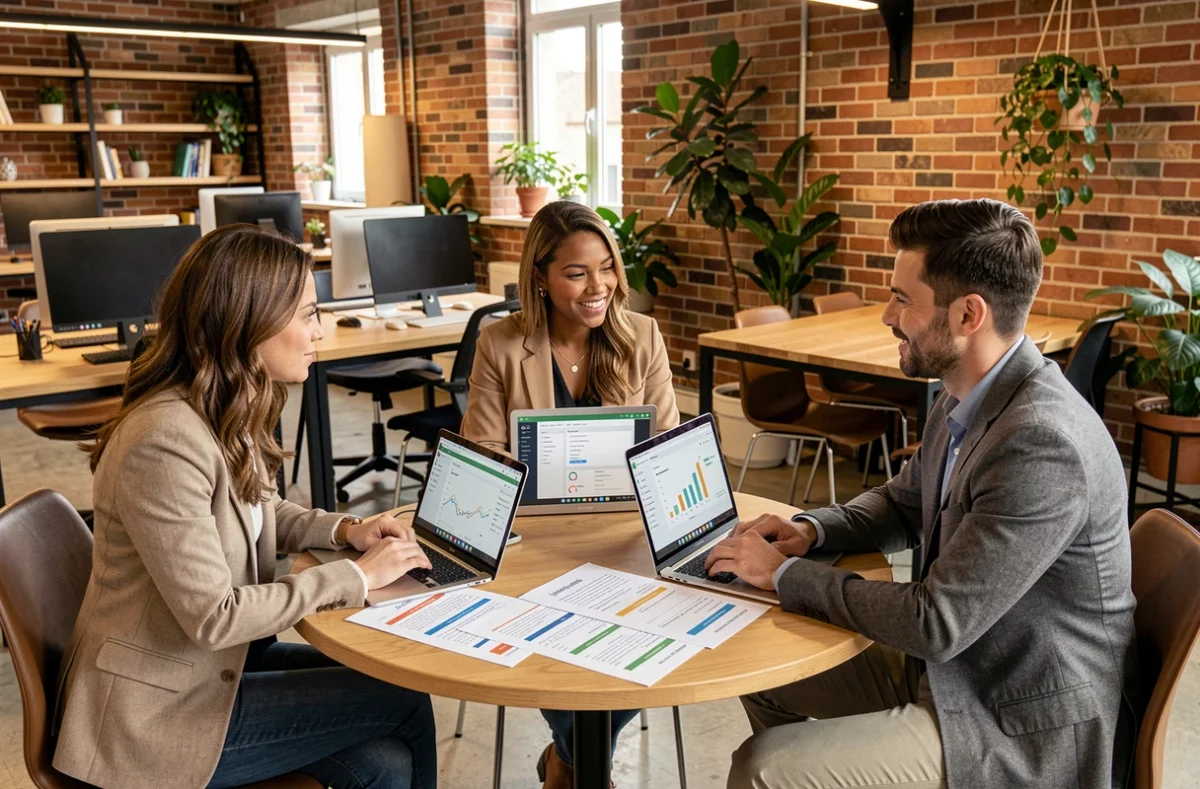 Une équipe de professionnels comparant différents logiciels CRM autour d'une table dans un espace de coworking