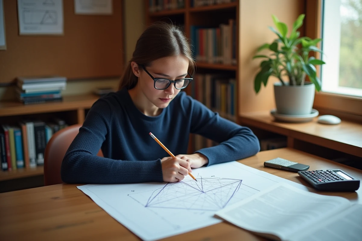Étudiante calculant le volume d'une pyramide triangulaire sur papier quadrillé avec une calculatrice et un manuel de géométrie
