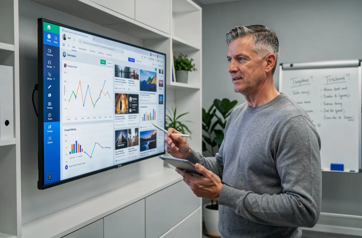 Expert digital présentant de nouvelles fonctionnalités web sur un écran mural dans un bureau d'agence moderne