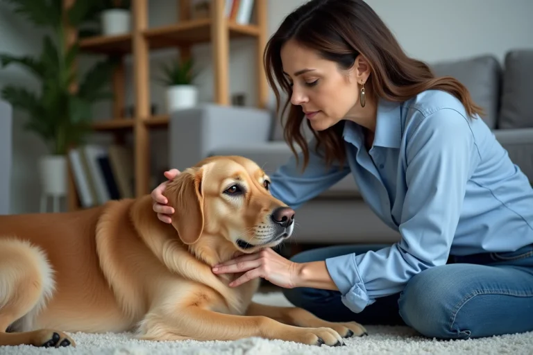 Femme douce brossant un chien dans un salon cosy