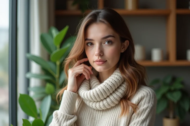 Femme élégante ajustant ses cheveux dans un intérieur cosy
