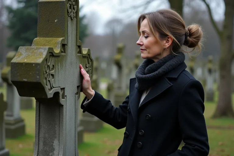 Femme réfléchissant devant une croix en granite dans un cimetière
