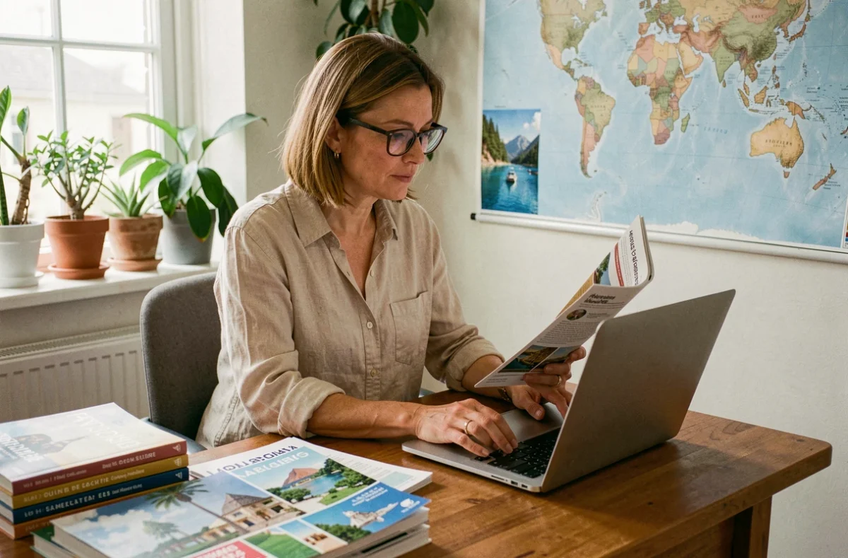 Femme comparant des agences de voyage sur ordinateur portable avec des brochures touristiques étalées sur son bureau
