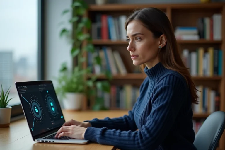 Femme consultant son ordinateur portable avec des icônes de sécurité en ligne visibles à l'écran, illustrant la confidentialité numérique