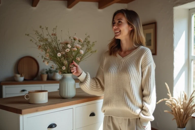 Femme dans un salon scandinave vintage arrangeant un vase de fleurs