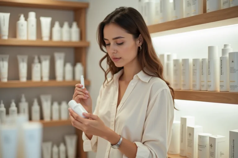Femme lisant l'étiquette cruelty free d'un produit cosmétique dans une parfumerie Nocibé