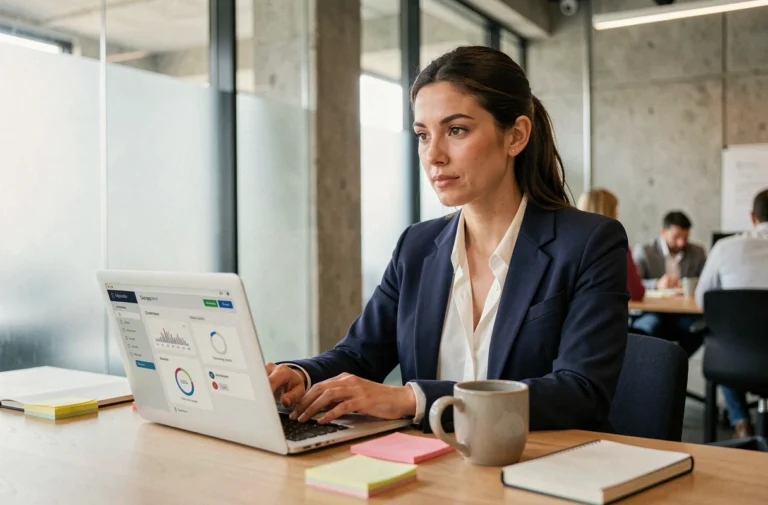 Femme professionnelle consultant les nouveautés digitales sur un laptop dans un espace de coworking moderne