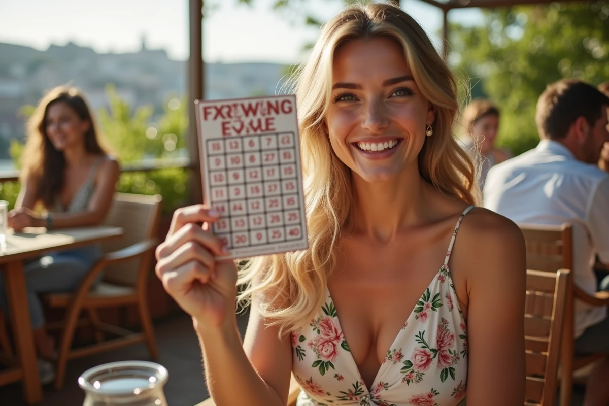 Femme souriante tenant une carte bingo en extérieur