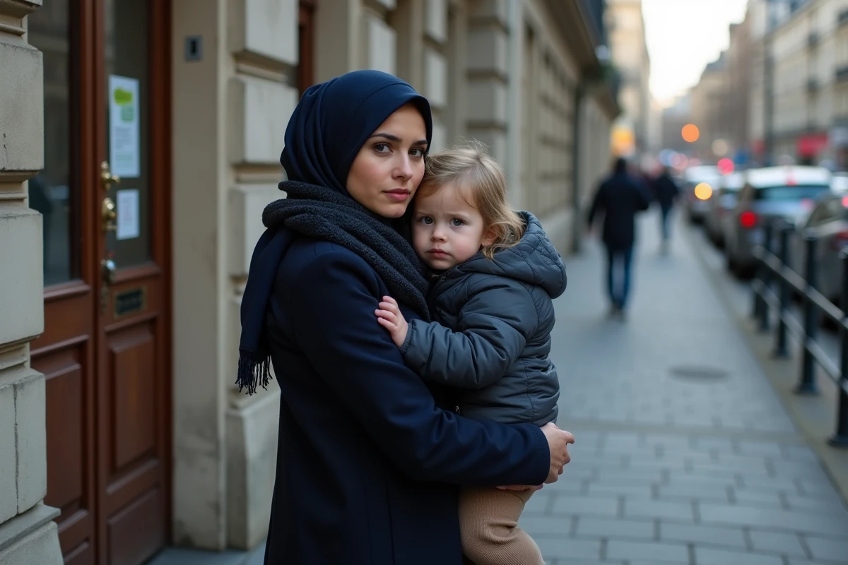 Jeune femme avec enfant devant un refuge urbain à Paris