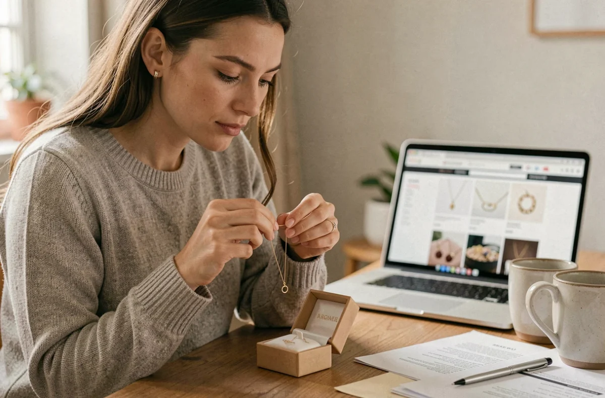 Femme examinant un collier en or reçu après un achat de bijou en ligne, assise à un bureau avec un ordinateur portable ouvert