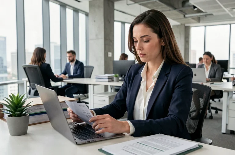 Femme professionnelle gérant des notes de frais sur ordinateur portable dans un bureau moderne