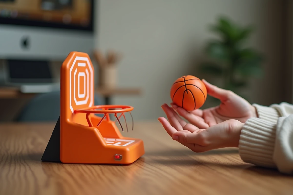 Gros plan sur les mains lançant une balle de mousse dans un mini panier Pop Shot sur un bureau