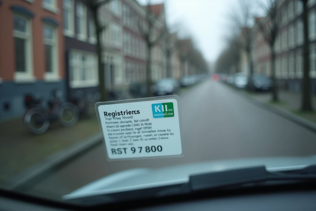 Gros plan sur une vignette de zone environnementale collée sur un pare-brise avec Amsterdam en arrière-plan