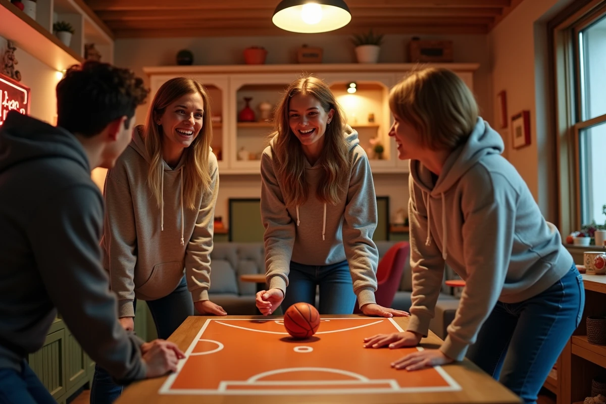 Groupe d'amis jouant ensemble au Pop Shot basket arcade dans une salle de jeux conviviale