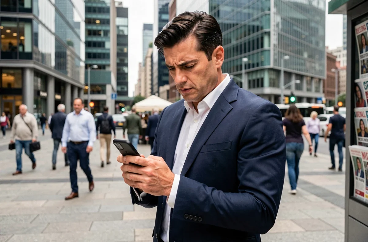 Homme d'affaires consultant l'actualité économique sur son smartphone dans un quartier d'affaires urbain