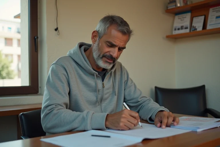 Homme d'origine nord-africaine remplissant des papiers dans un bureau d'aide