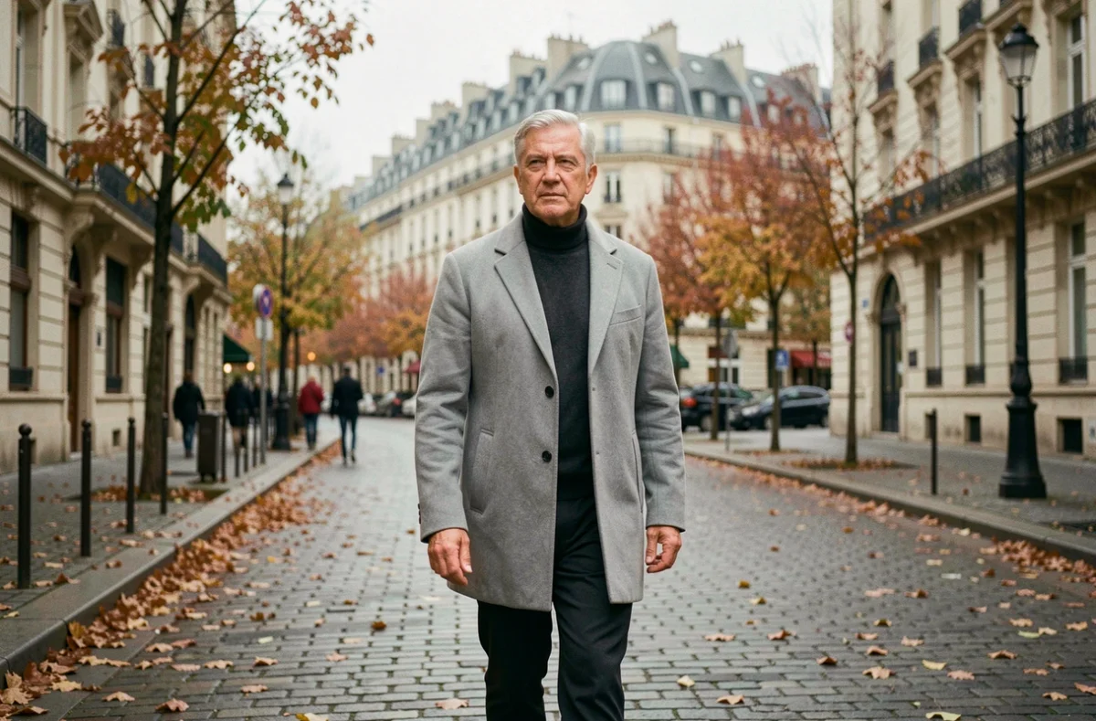 Homme distingué aux cheveux gris marchant sur un boulevard parisien en automne, ambiance feutrée évoquant la discrétion de la vie personnelle d'un personnage médiatique