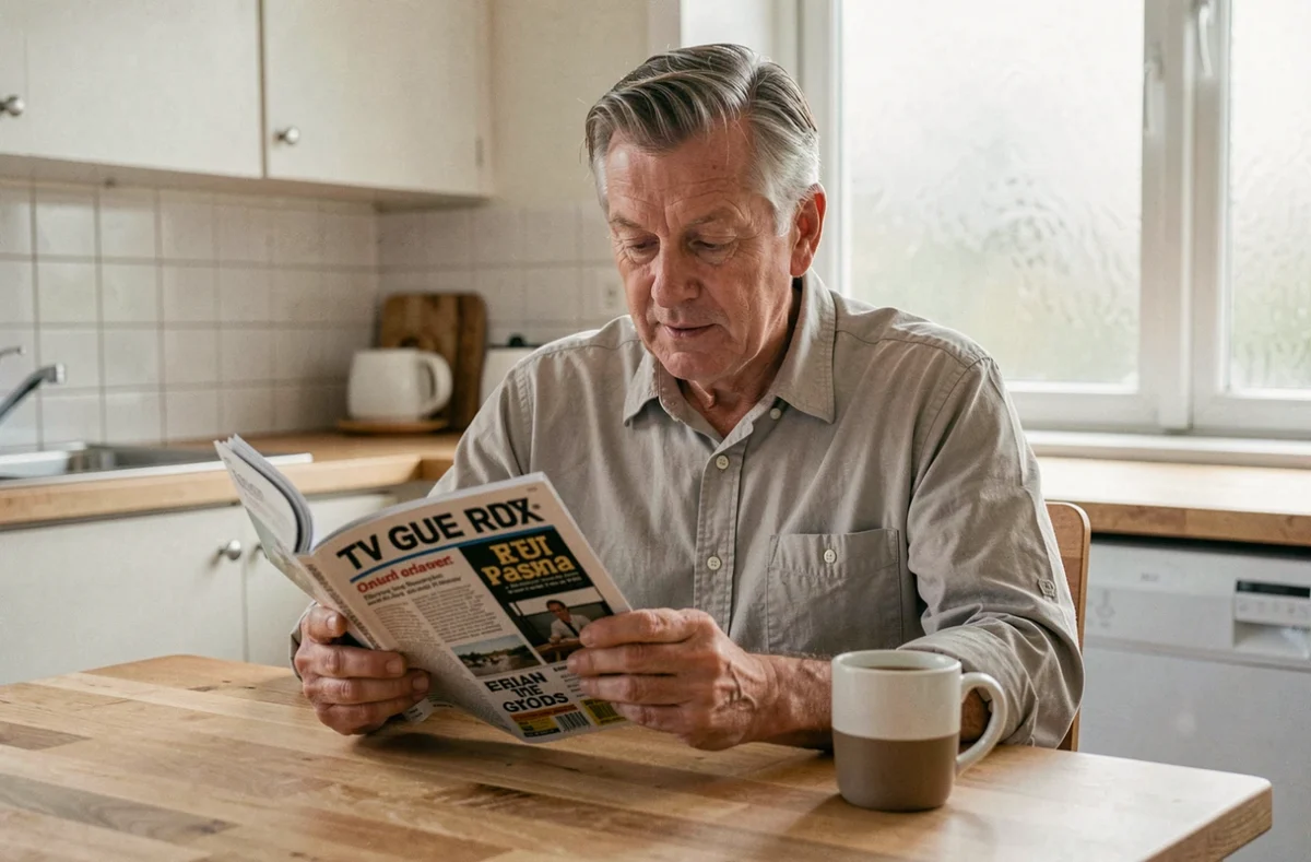 Homme consultant son guide TV Tele Z autour d'un café dans une cuisine contemporaine le matin