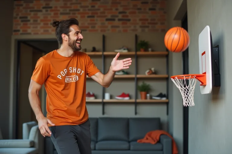 Jeune homme jouant au Pop Shot, jeu de basket arcade compact dans un appartement moderne et urbain