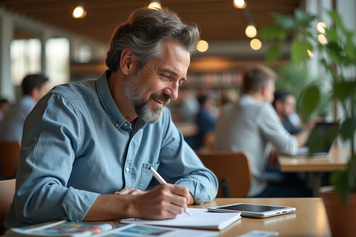 Homme en bibliothèque prenant des notes avec tablette et magazines
