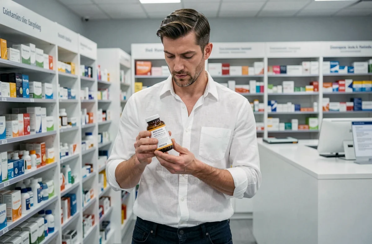 Homme lisant l'étiquette d'un complément vitaminé en pharmacie pour faire les bons choix santé