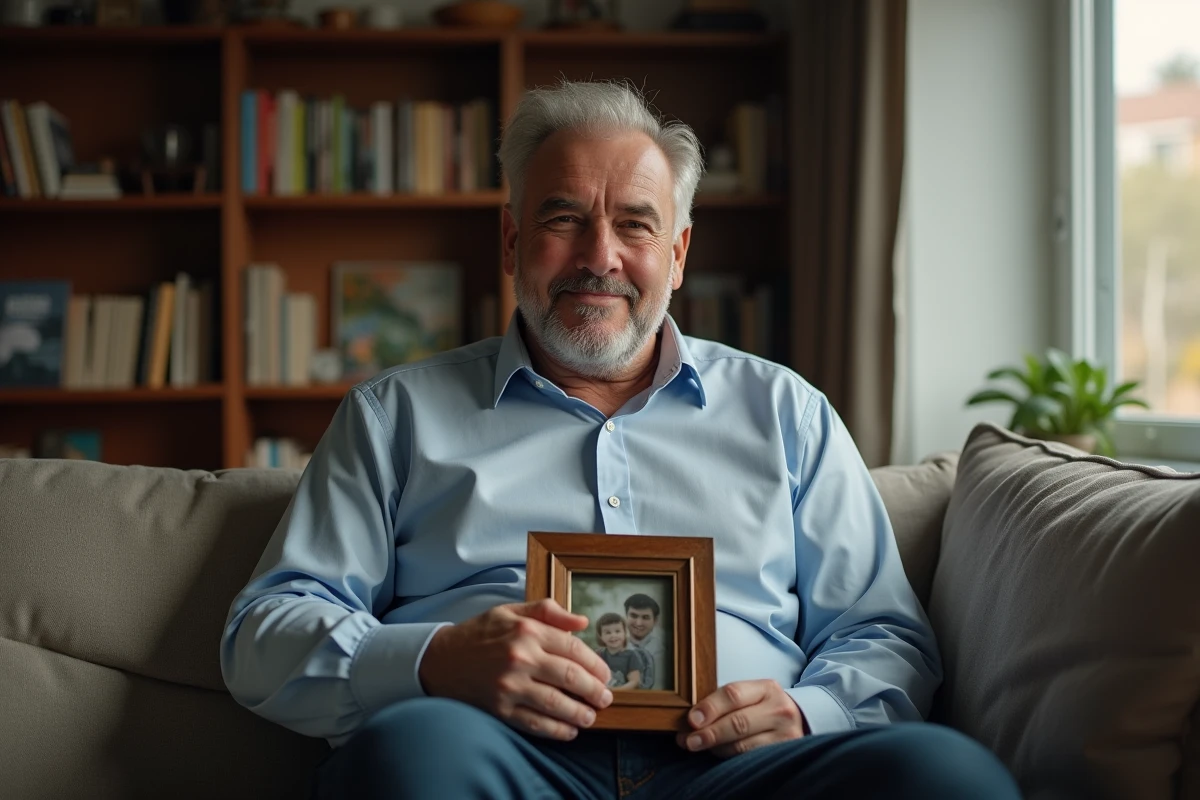 Homme tenant une vieille photo de famille dans un salon