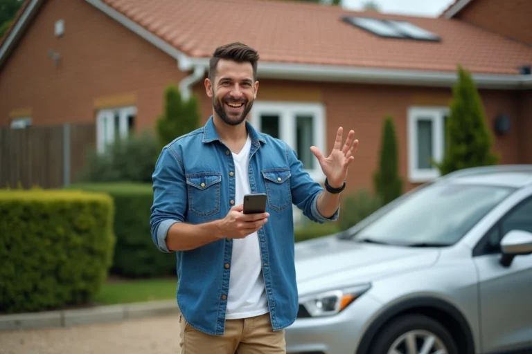 Homme souriant avec smartphone à côté d'une voiture d'occasion