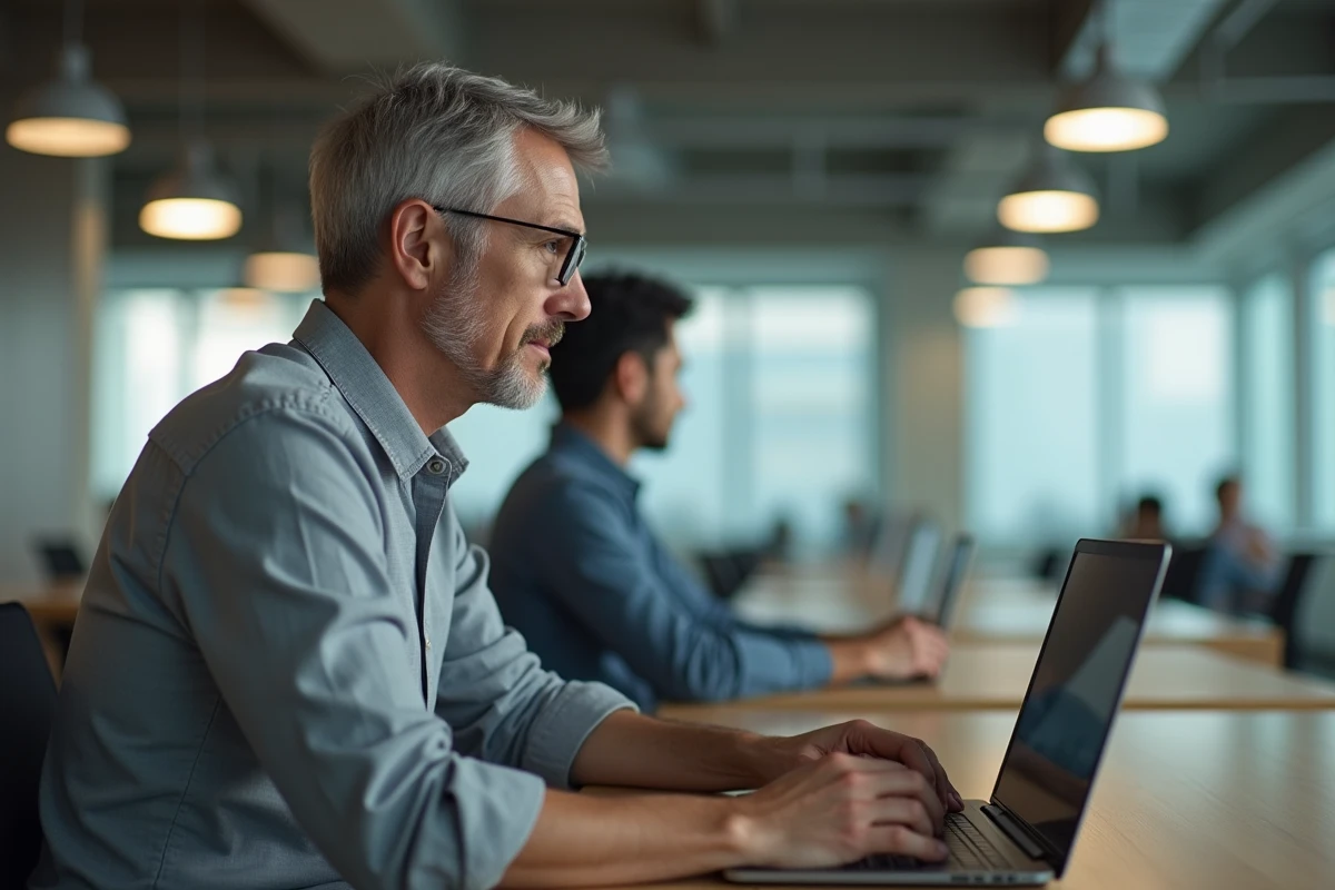 Homme dans un espace de coworking regardant son écran avec inquiétude, évoquant les risques de surveillance de l'activité en ligne en public