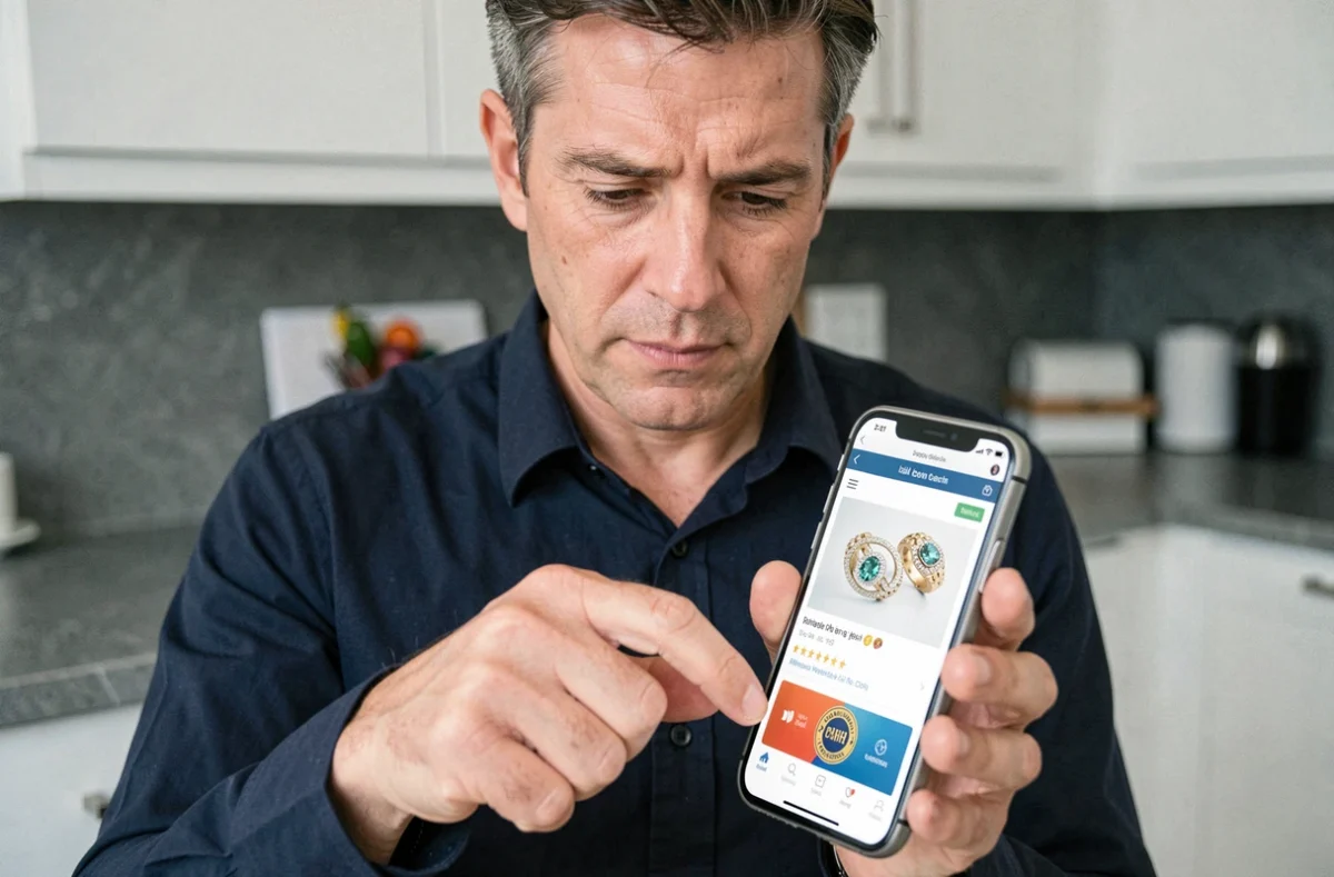 Homme vérifiant les avis et certifications d'un site de bijoux en ligne sur son smartphone dans une cuisine moderne